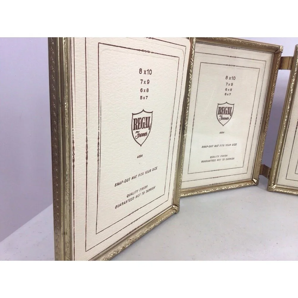 Vintage Gold Tone Photo Frame Tri-Fold Hinged 8 X 10